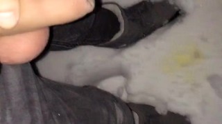 Mountain uncut cock pissing in the snow