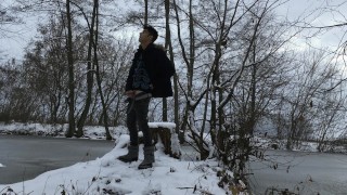 Romantic frozen lake jerking off