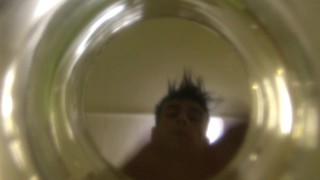 Twink cums into cup of water ( inside glass view ) FLOATING SPERM