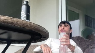 Dirty ripe college boy wanking dick on balcony