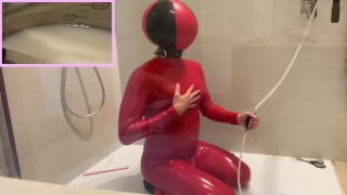 4 liters Enema in PVC catsuit and latex inflatable mask