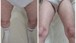 Dual view Pissing in panties and on to dirty white socks