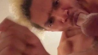 Deep throating my cock with my wife watching me