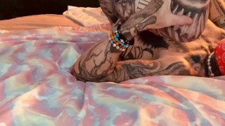 skinny fully tattooed bottom pleasuring self with pink dildo ends with nice cumm on dildo