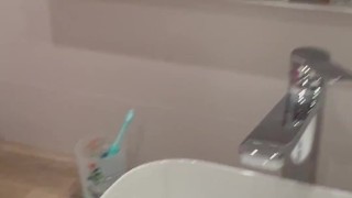 he comes to get sucked and jerk off between my small breasts while I'm in the toilet