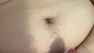 Chubby boy cums over fat tits