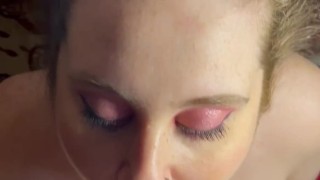 (BIG TITTY BBW BLOWJOB) MASSIVE PULSATING CUMSHOT ON CHUBBY BLUE EYED BRUNETTE FRECKLED FACE