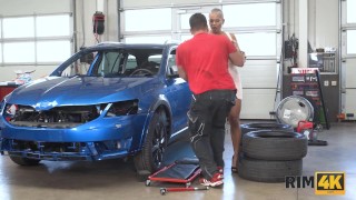 RIM4K. Blonde with giants tits licks car mechanics ass and gets fucked