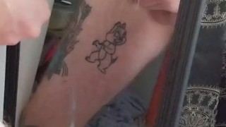 Hot tattooed stud cums on a mirror