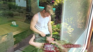 Bareback anal fuck on the windowsill