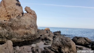 Hot guy masturbates on a public beach until his cock cums a lot