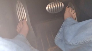Going for a drive to the store in my jeans hard driving and pedal pumping & barefoot in public