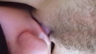 Gentle cunnilingus for the sweet hairy pussy of the whore wife.