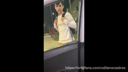 cruising uber fucks a college student bareback in the car in public and cums inside his ass outdoor