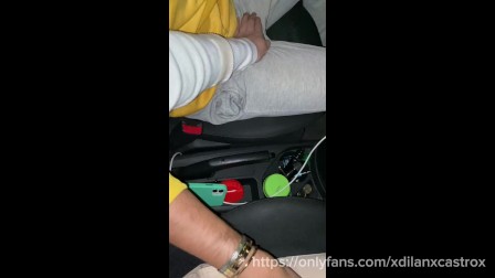 cruising uber fucks a college student bareback in the car in public and cums inside his ass outdoor