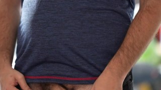Brit bear wanks in jeans and rugby top