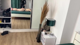 Leather goddes whipping slave body with toys and belt