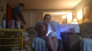 Roommate masturbating to pretty girl in minidress painting her nails and watching tv
