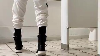 Hot teen rubbing enormous cock in public gym bathroom after workout