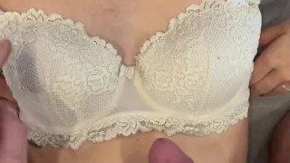 Nylon Feetjob licking ball blowjob bra Titjob and cum on nylon butt