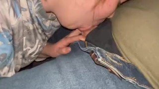 Horny slut gives sloppy blowjob in the back seat (Cum on tits)