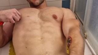 At the shower horny hot boy shakes his balls until self facial cumshot