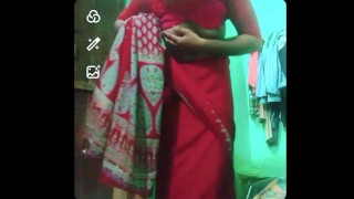 Indian gay Crossdresser xxx nude in red saree showing his bra and boobs🥵