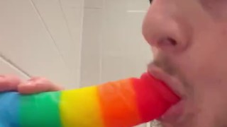 Sucking dildo in gas station bathroom