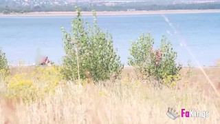 Amazing redhead Sofia Santana wants to bang random guys next to the lake!