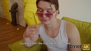 DYKE4K. Lesbian sluts use their tongues and dildo while handcuffed guys sits in the room