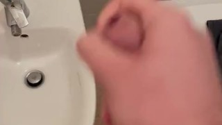 My uncut cock explode while I’m jerking in my friend’s bathroom