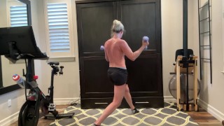 Blonde MILF Working Out, Lifting Weights, Gets Horny and Strips Naked, Great Fake Tits