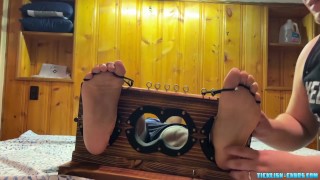 Bound black jock Elijah tickled on feet by chubby dom Matt