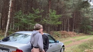 Twink gives a blowjob step bro 24cm big cock outdoor by car