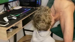 Stepbrother twink sucks my cock while I play a game and then takes out 10 inch monster cock