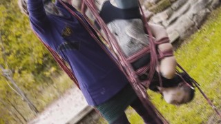 Outdoor Bondage Shibari Suspension - Tattoo skinny Girl in ropes on a tree