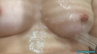 My wife showering her natural tits and beautiful hairy pussy POV