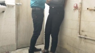 Sexy staff and boss make fun in office bathroom