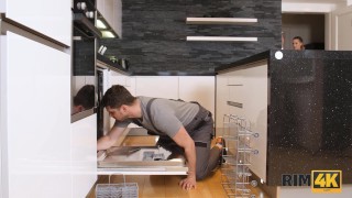 RIM4K. Angel interrupts repairer and starts licking his ass by the dishwasher