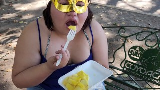 I suck my man's ass, cock and balls, extract a lot of cum and eat it with pineapple in public