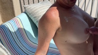 Found MILF Sunbathing In Backyard, She Found Stepson Jerking Off, Let Him Cum On Her Big Tits