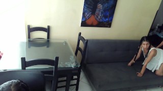 I fuck my lover with my arne on the couch in my stepsister's office