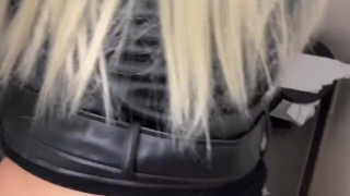 Blonde girl fucked loud in public bathroom
