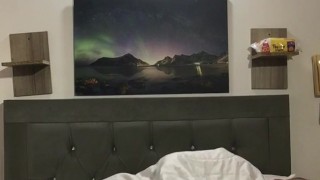 I'm in my boyfriend's bedroom, I take off my shirt and he kisses my neck and fucks my