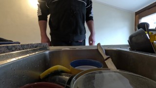 Washing dishes with pee and cum
