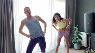 Bi threesome - stepdad fucks stepson and his girlfriend and cums on their faces -3.96