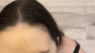 beautiful brunette with beautiful eyes gives a blowjob