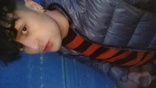 Risky public evening masturbation and cumshot at building