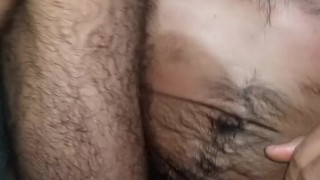 Late night jerking off. Hairy dude jacks his veiny smelly cock till cumming on chest, armpits, bushy