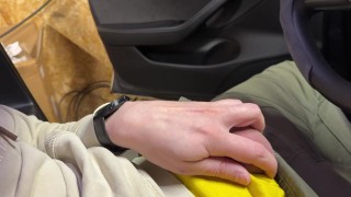 Bearded man got overexcited and jerked off his big curved dick in his Tesla car in the garage